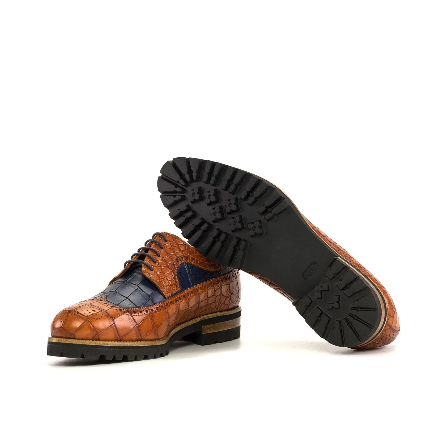 Ambrogio Bespoke Men's Shoes Cognac & Navy Crocodile Print Leather Longwing Blucher Oxfords (AMB2343)