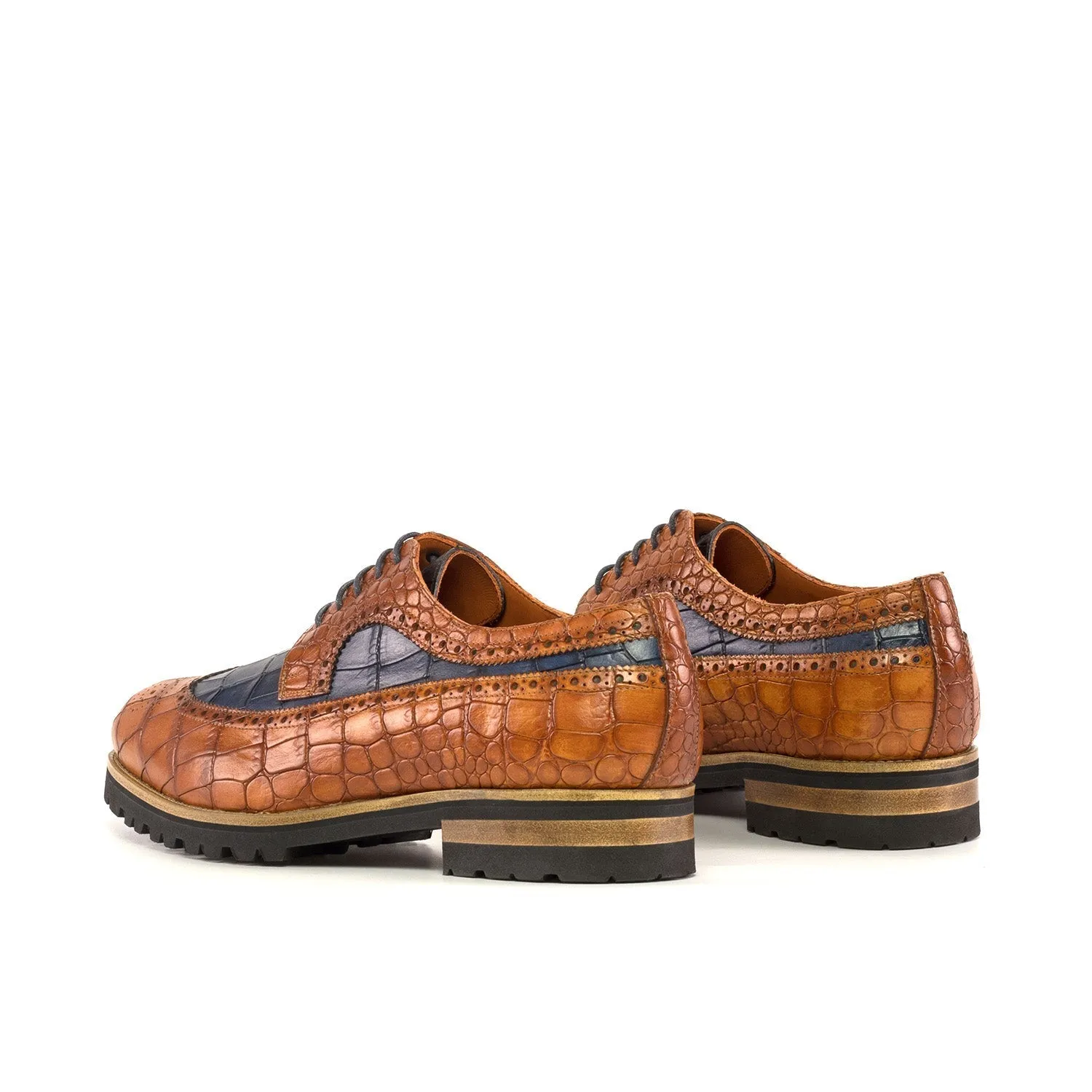 Ambrogio Bespoke Men's Shoes Cognac & Navy Crocodile Print Leather Longwing Blucher Oxfords (AMB2343)