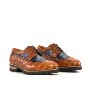 Ambrogio Bespoke Men's Shoes Cognac & Navy Crocodile Print Leather Longwing Blucher Oxfords (AMB2343)