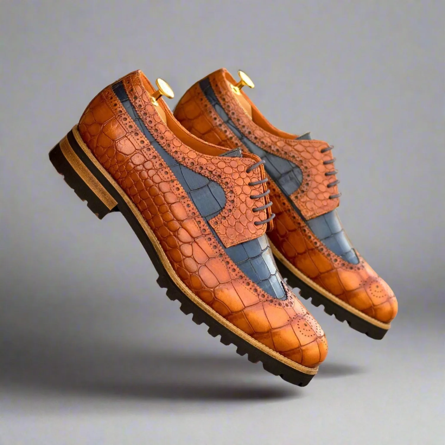 Ambrogio Bespoke Men's Shoes Cognac & Navy Crocodile Print Leather Longwing Blucher Oxfords (AMB2343)