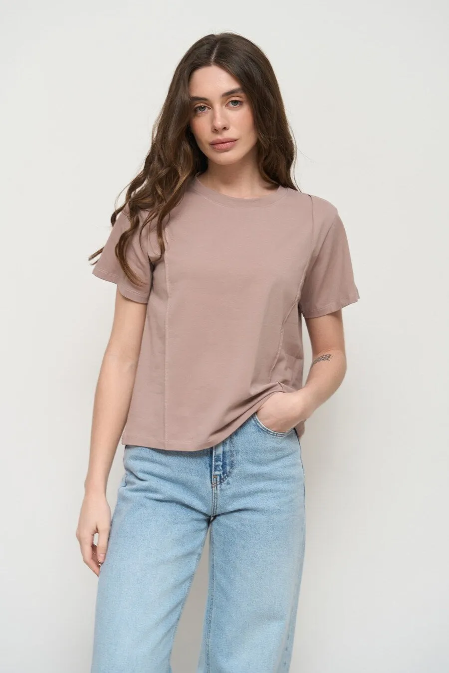 Beige T-Shirt with Decorative Seams