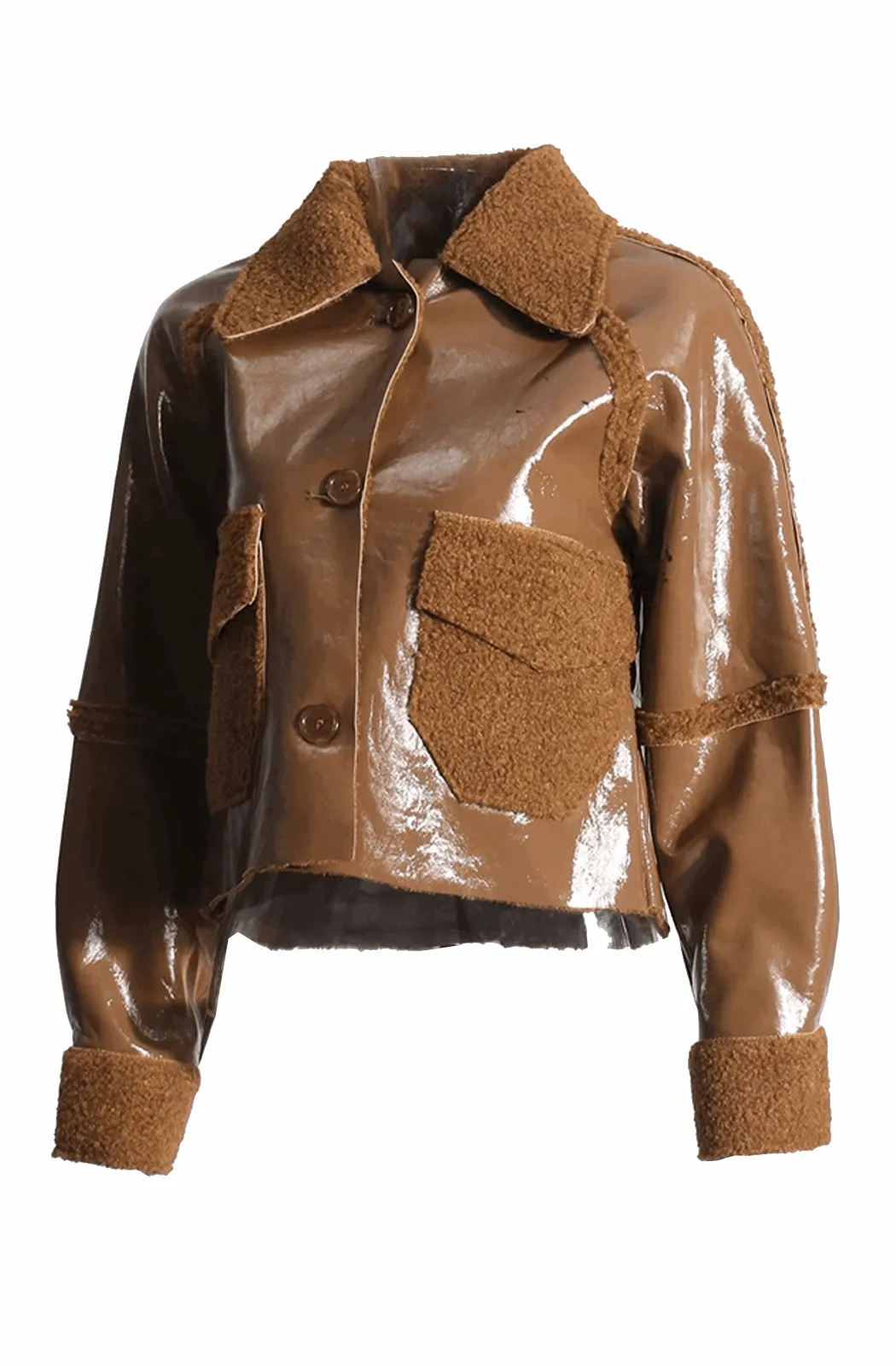 Brown patent leather and fur jacket