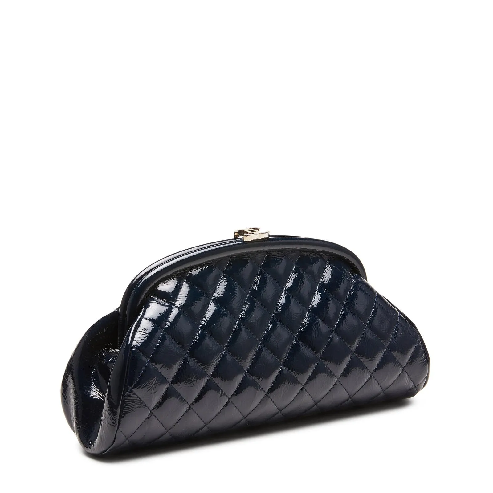 Chanel Classic Vintage CC Navy Blue Patent Diamond Quilted Timeless Clutch Bag