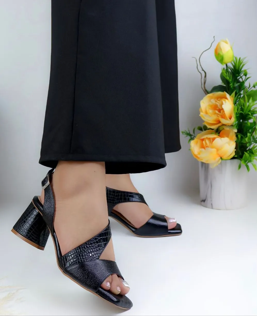 Elegant Black Block Heel Sandals with Crocodile Pattern