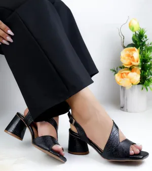 Elegant Black Block Heel Sandals with Crocodile Pattern