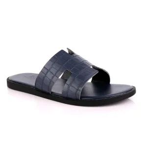 Hermes Paris Navy Blue Croc Patterned Leather Slippers.