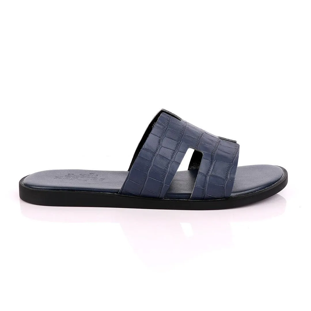 Hermes Paris Navy Blue Croc Patterned Leather Slippers.