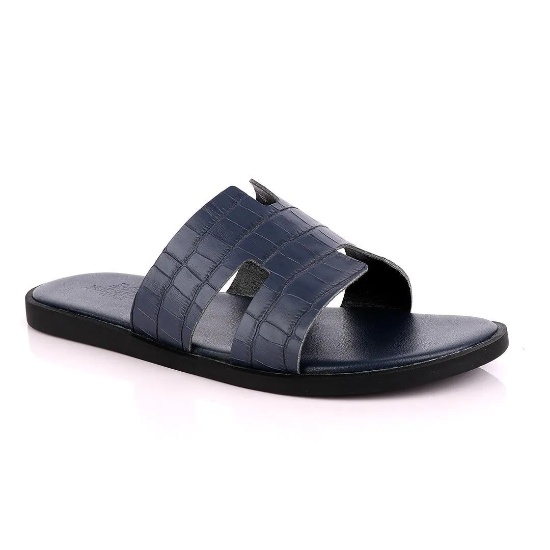 Hermes Paris Navy Blue Croc Patterned Leather Slippers.