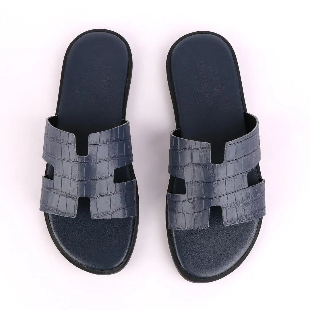 Hermes Paris Navy Blue Croc Patterned Leather Slippers.