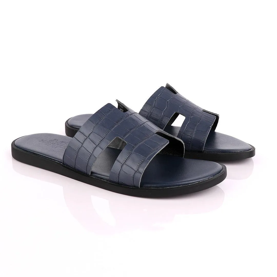 Hermes Paris Navy Blue Croc Patterned Leather Slippers.