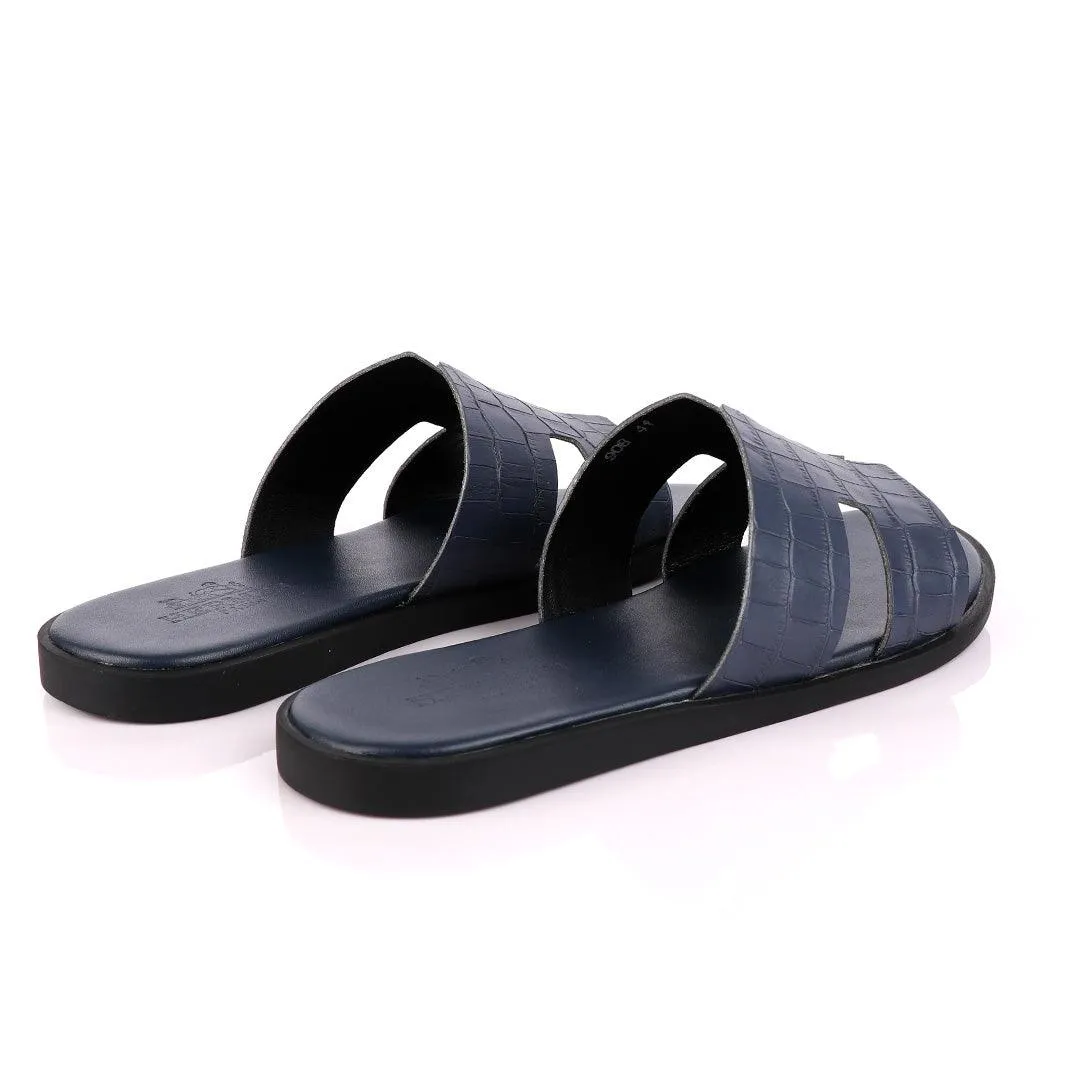 Hermes Paris Navy Blue Croc Patterned Leather Slippers.