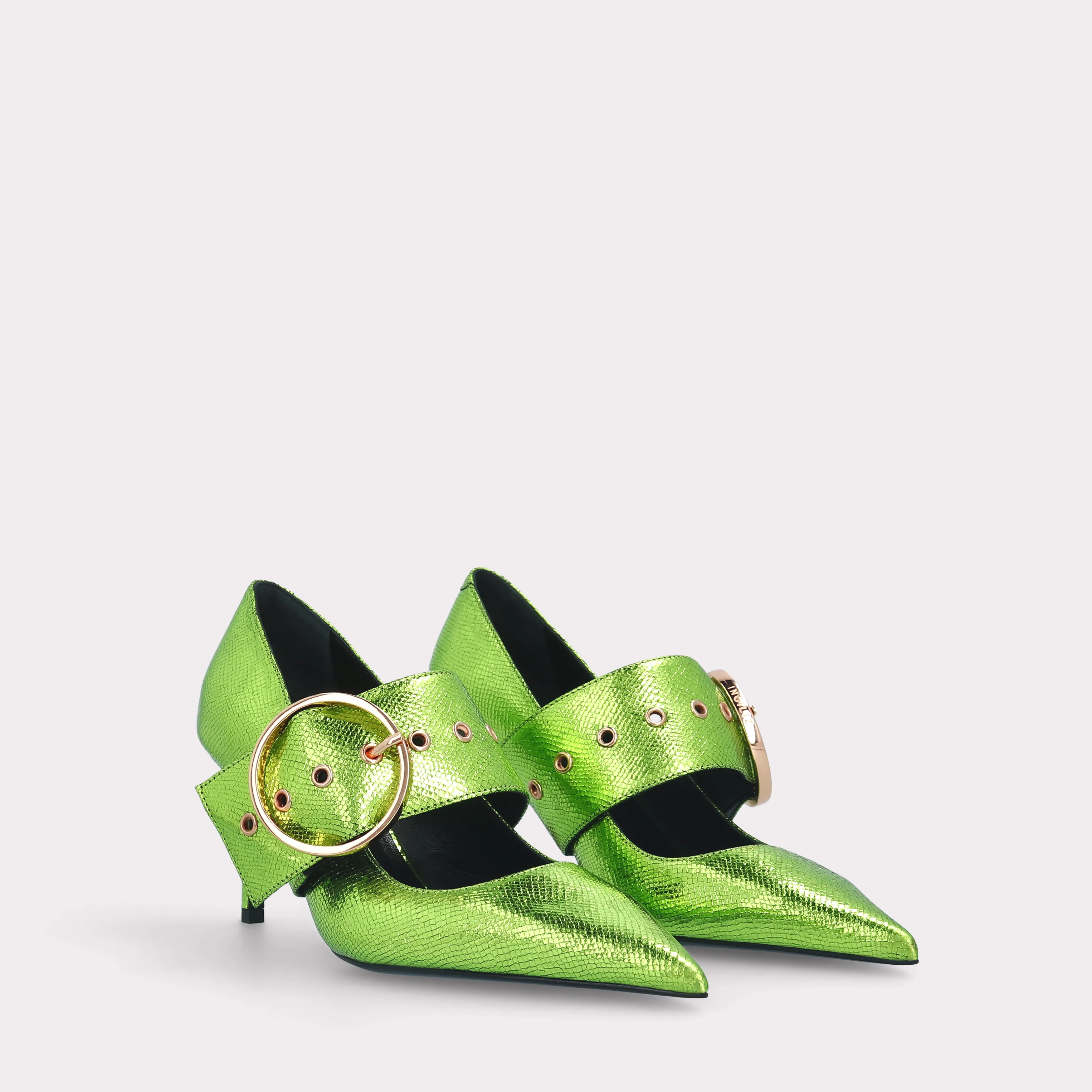 MIA 05 LIME COLOR CRASH VIPER MIRROR EMBOSSED LEATHER PUMPS