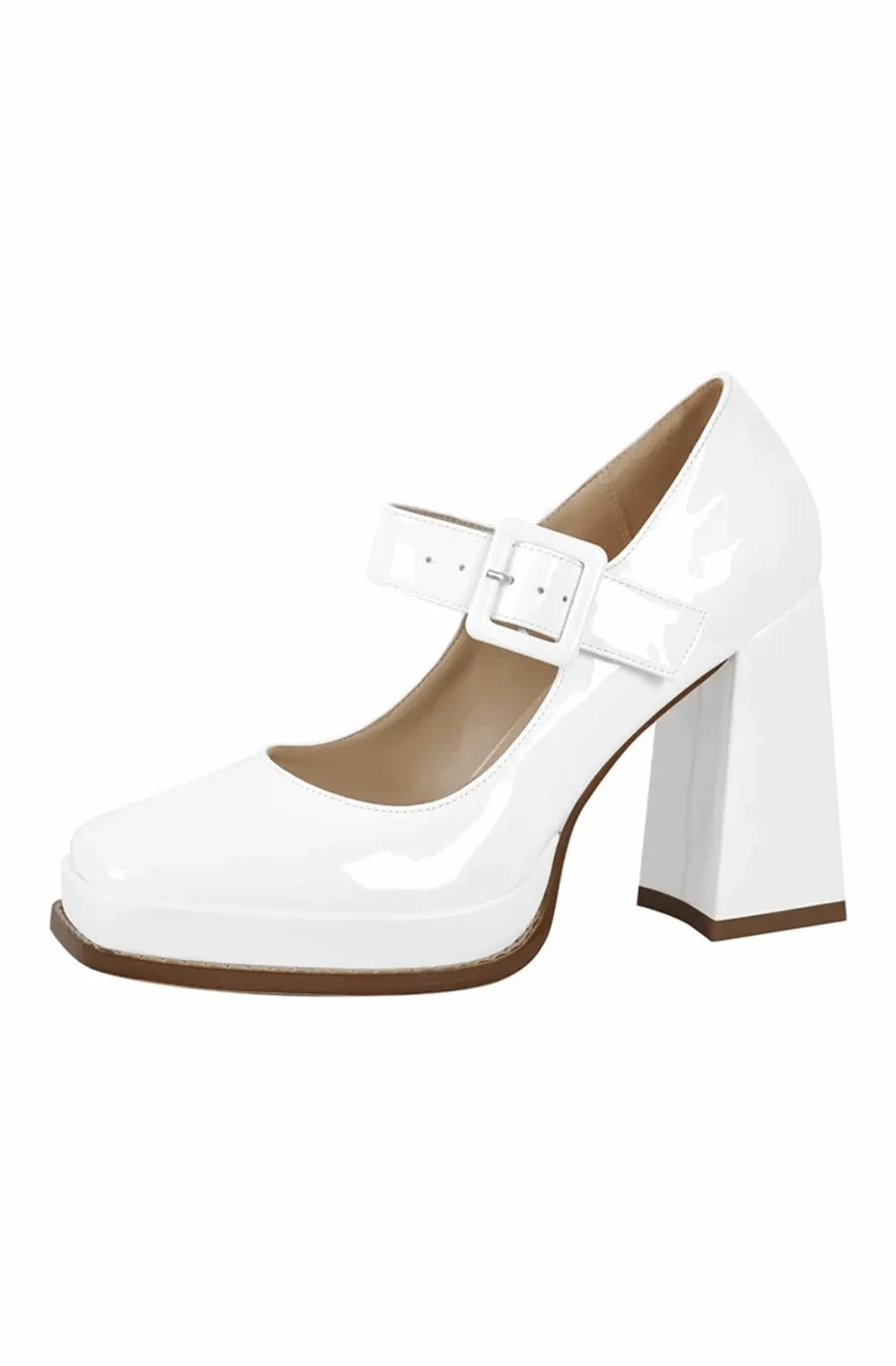 Patent leather square toe Mary Jane buckle strap chunky heel pumps