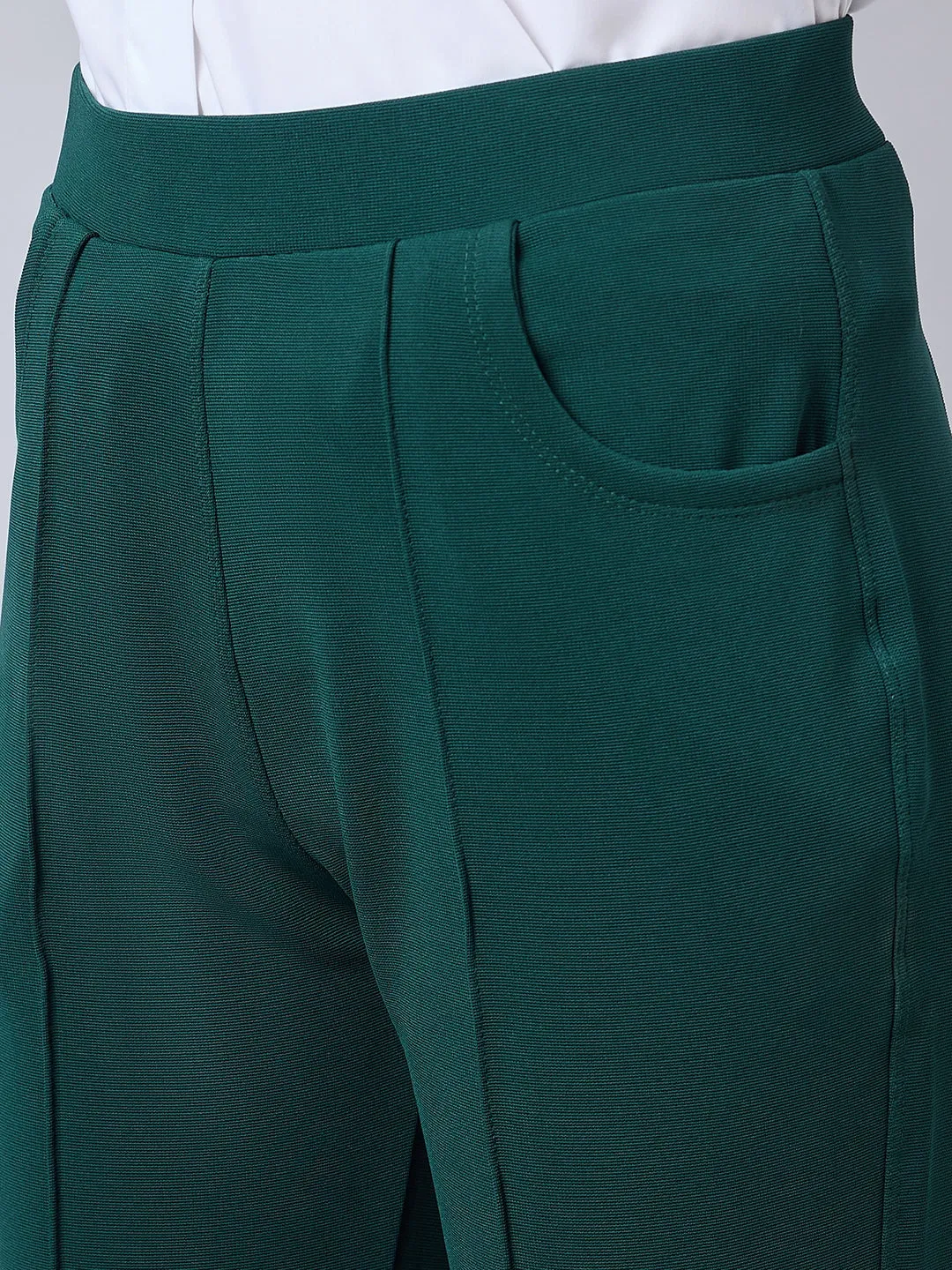 Style Quotient Women Solid Teal Self Design Polyester Formal Trouser