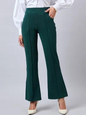 Style Quotient Women Solid Teal Self Design Polyester Formal Trouser