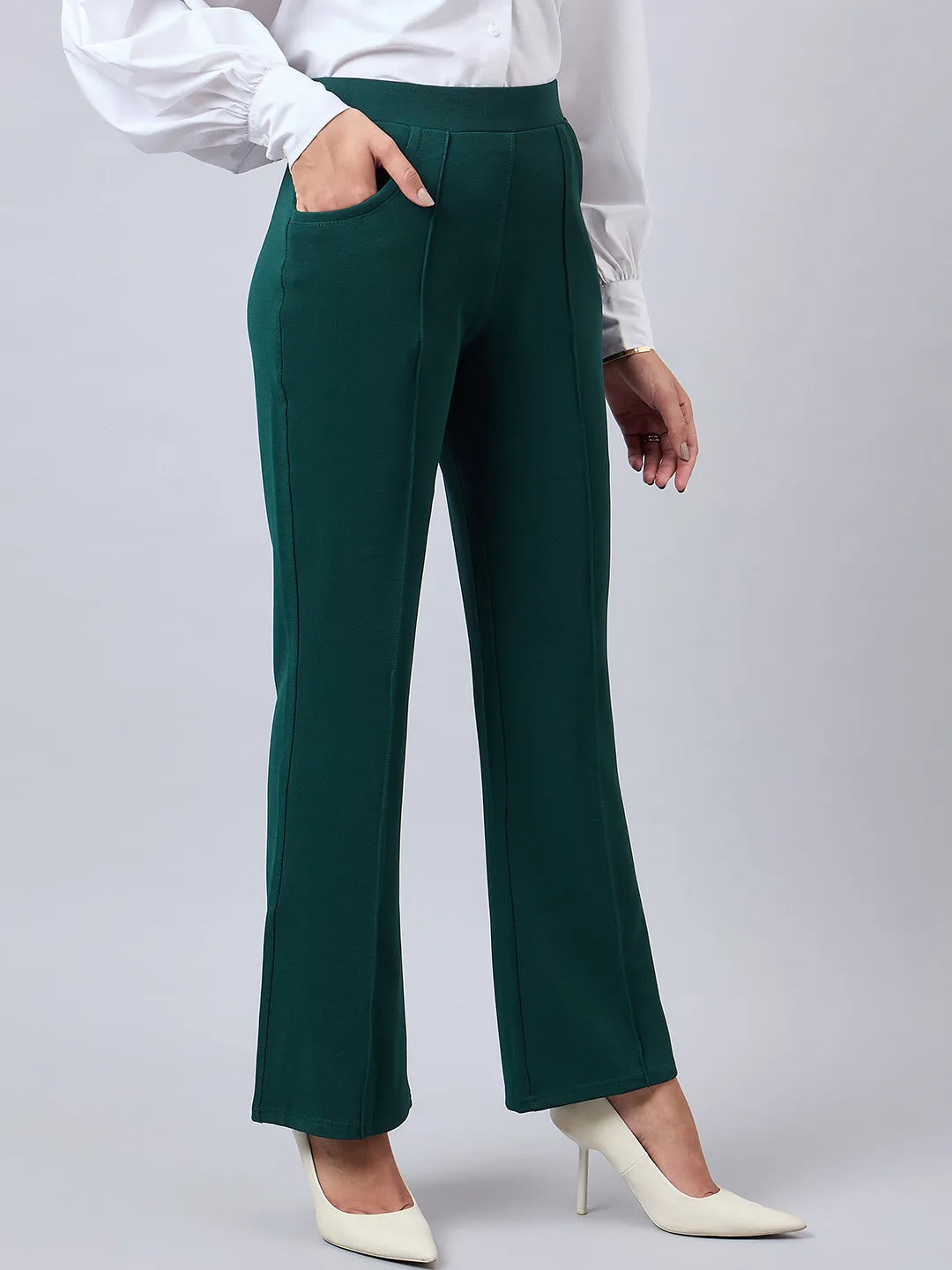 Style Quotient Women Solid Teal Self Design Polyester Formal Trouser