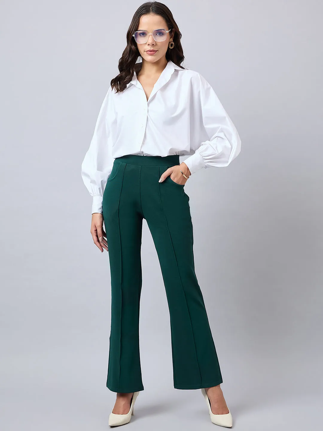 Style Quotient Women Solid Teal Self Design Polyester Formal Trouser