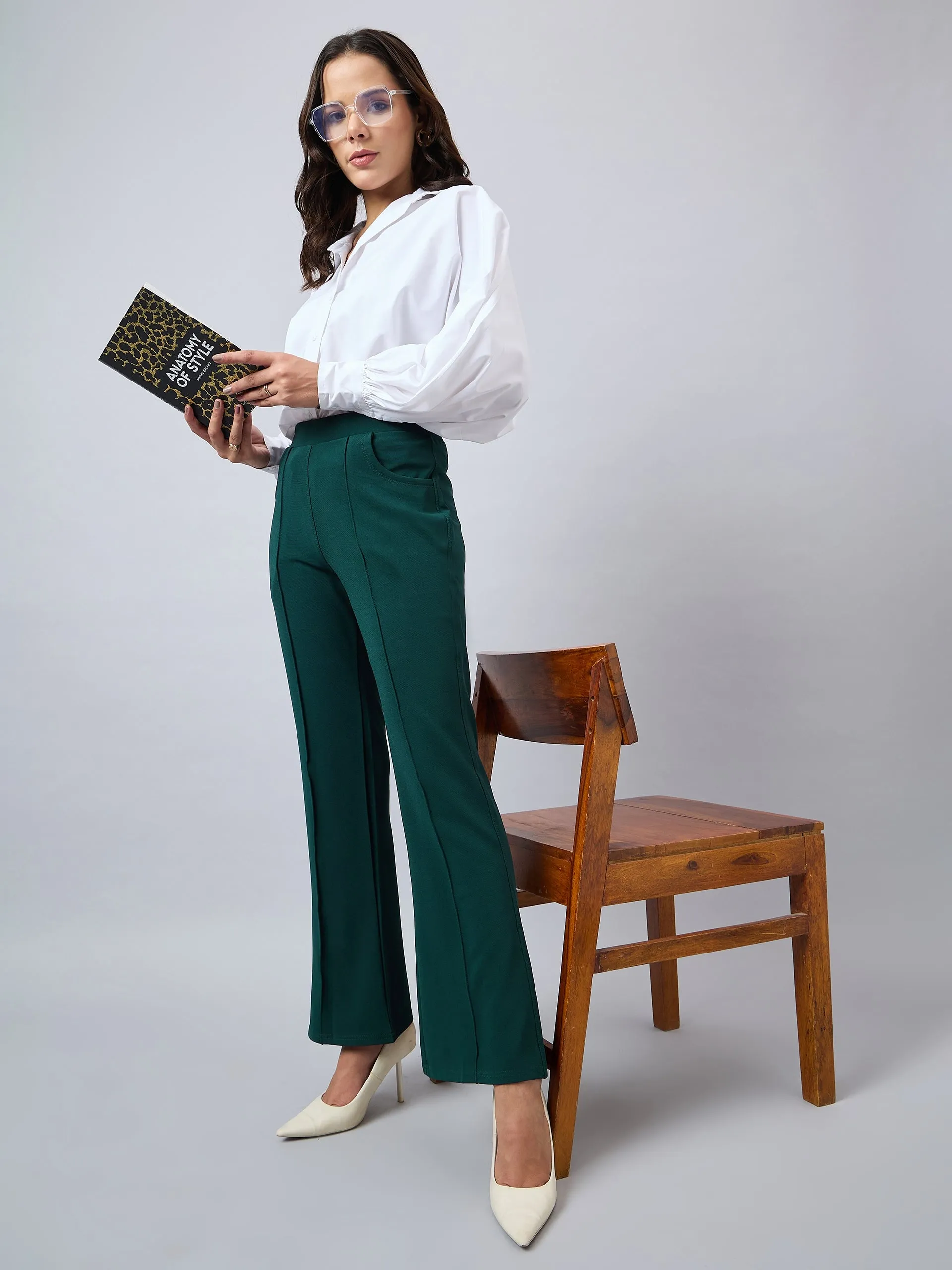 Style Quotient Women Solid Teal Self Design Polyester Formal Trouser