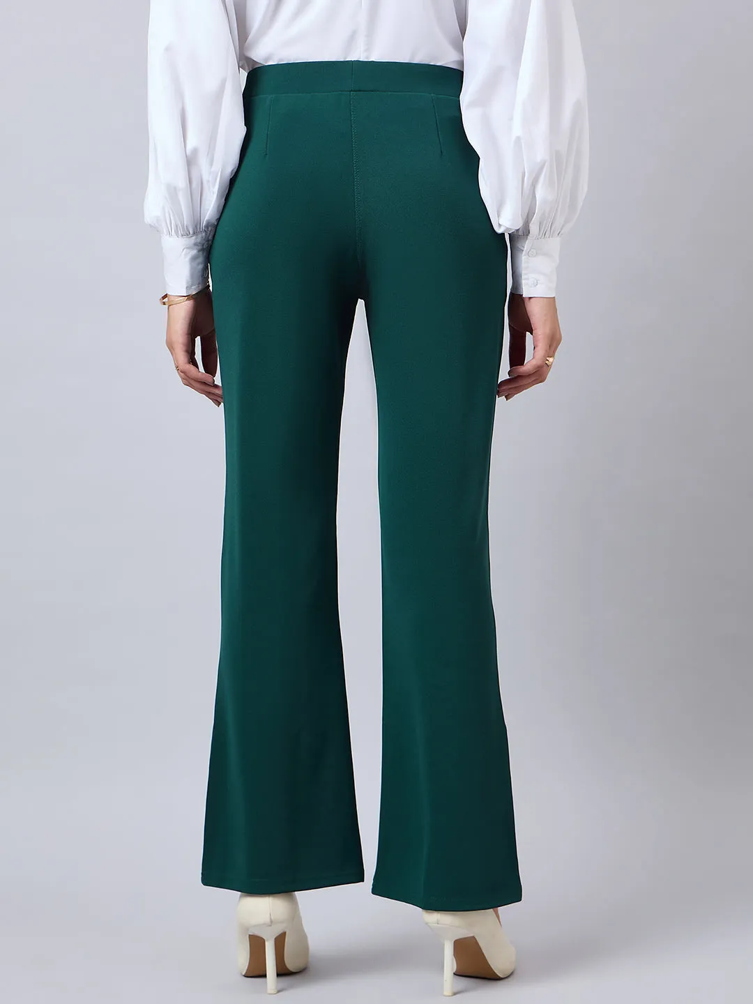 Style Quotient Women Solid Teal Self Design Polyester Formal Trouser