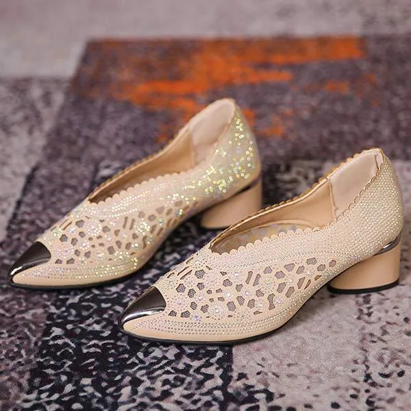 Women's Hollow Out Mesh Rhinestone Studded Pointed-toe Chunky Heel Sandals 94726035C