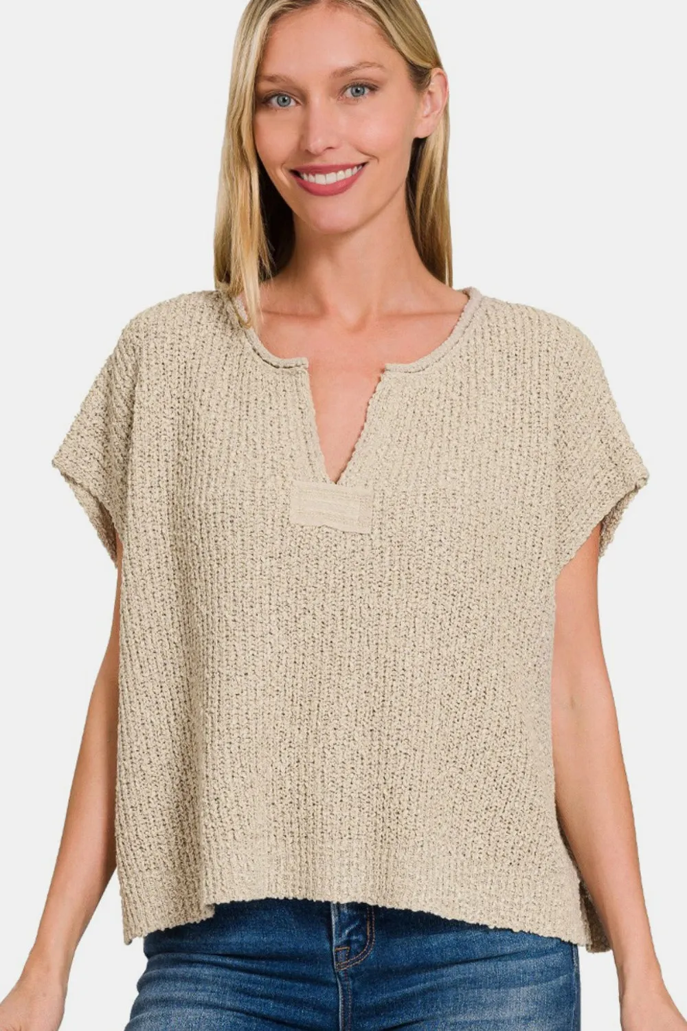 ZENANA Short Sleeve Side Slit Knit Sweater