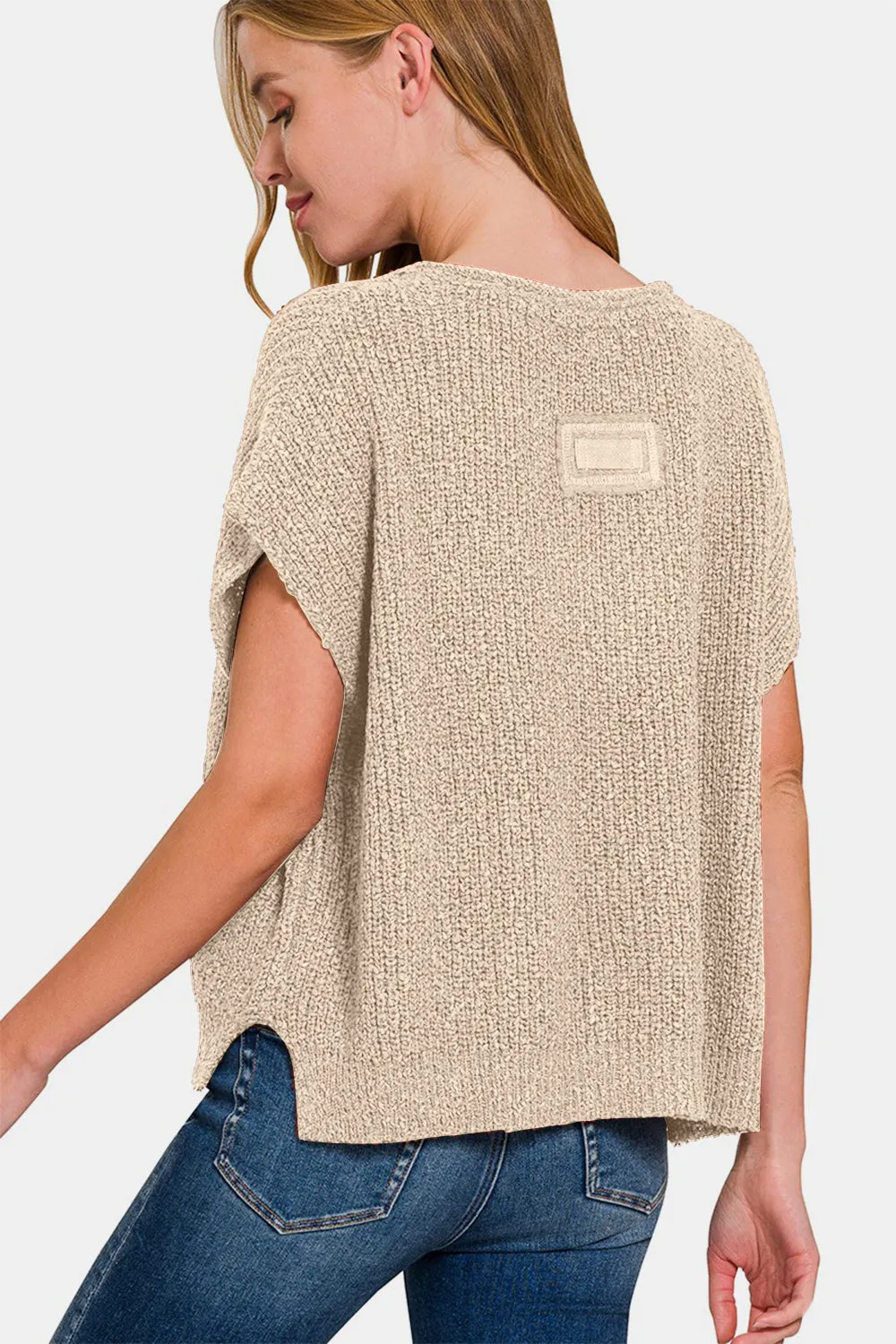 ZENANA Short Sleeve Side Slit Knit Sweater